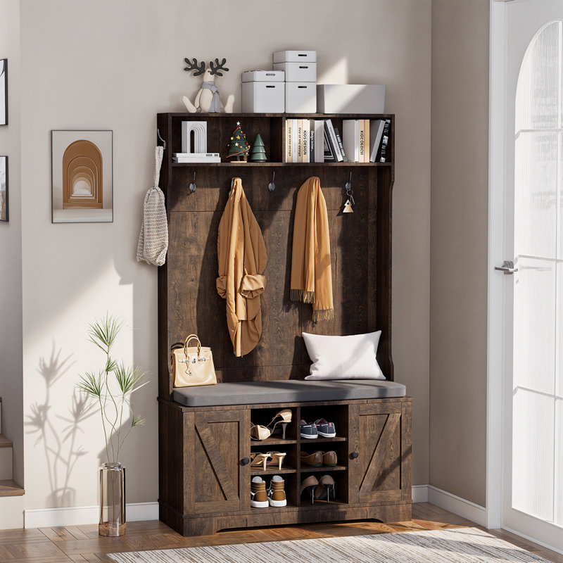 Hall Tree with Cushion and Open Shoe Cabinet,  4-In-1 Coat Rack with Storage Bench, Coat Hanger and Adjustable Shelves, 71" Height Hall Tree for Hallway, Living Room