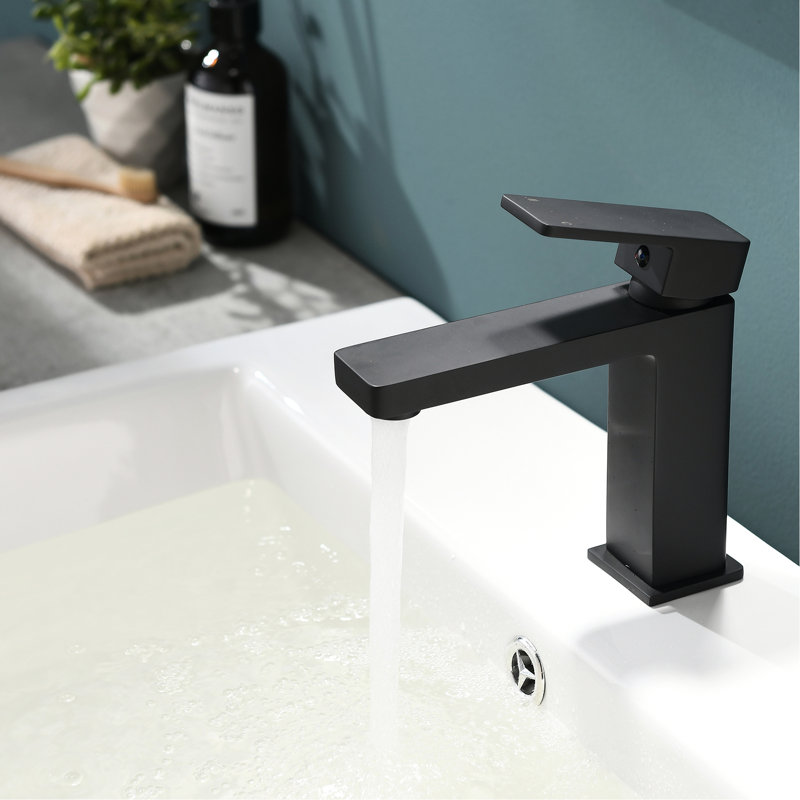 Robinet de meuble-lavabo noir pour salle de bain - forme géométrique contemporaine, poignée unique, finition mate, robinet de lavabo à poignée brossée fixé au comptoir, robinet fixé au comptoir, robinet en céramique