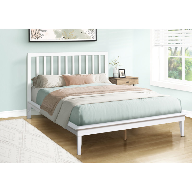 Queen Size Platform Bed Frame With Contemporary Modern Flair, White Wood And Legs, Open Design, 12 Wooden Slats For Mattress Comfort, Straightforward Assembly, 600 Lbs Capacity Frame, Design