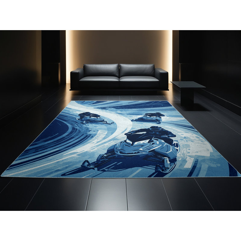 Machine Washable Seth Snowmobile Race Bold & Eclectic Modern Arc Rug in Blue – SkyBlue Binding, 5x8