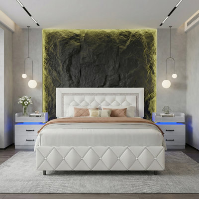 3-Piece Bedroom Sets,With Faux Leather Diamond Tufted Platform Bed  And LED Nightstand