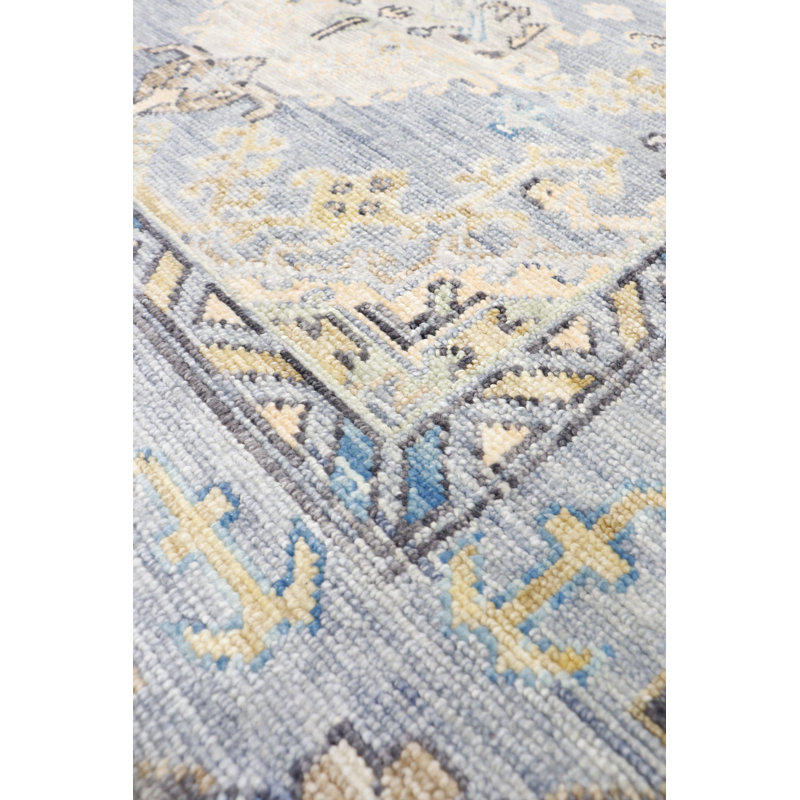 Hand-Knotted Light Blue Wool Floral Rectangular Rug