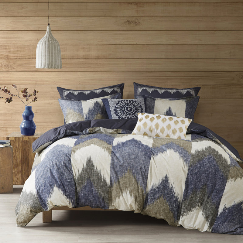 Élégante literie en coton pour lit double / grand lit - Housse de couette imprimée avec revers uni et motif 2 taies décoratives assorties pour fermeture à boutons pour une chambre à coucher relaxante