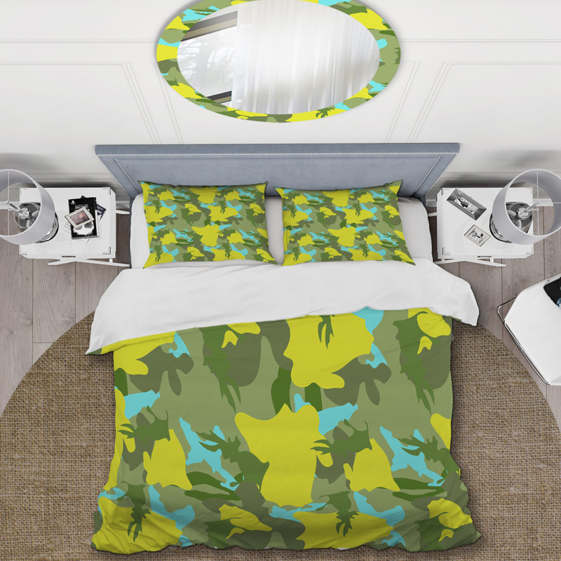 Ensemble de housse de couette en microfibre jaune / vert 3 pièces, Housse de couette pour très grand lit et 2 très