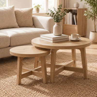 Set of 2 Round Nesting Coffee Tables, Walnut Finish X-Frame Stackable Side Tables for Living Room, Bedroom and Balcony