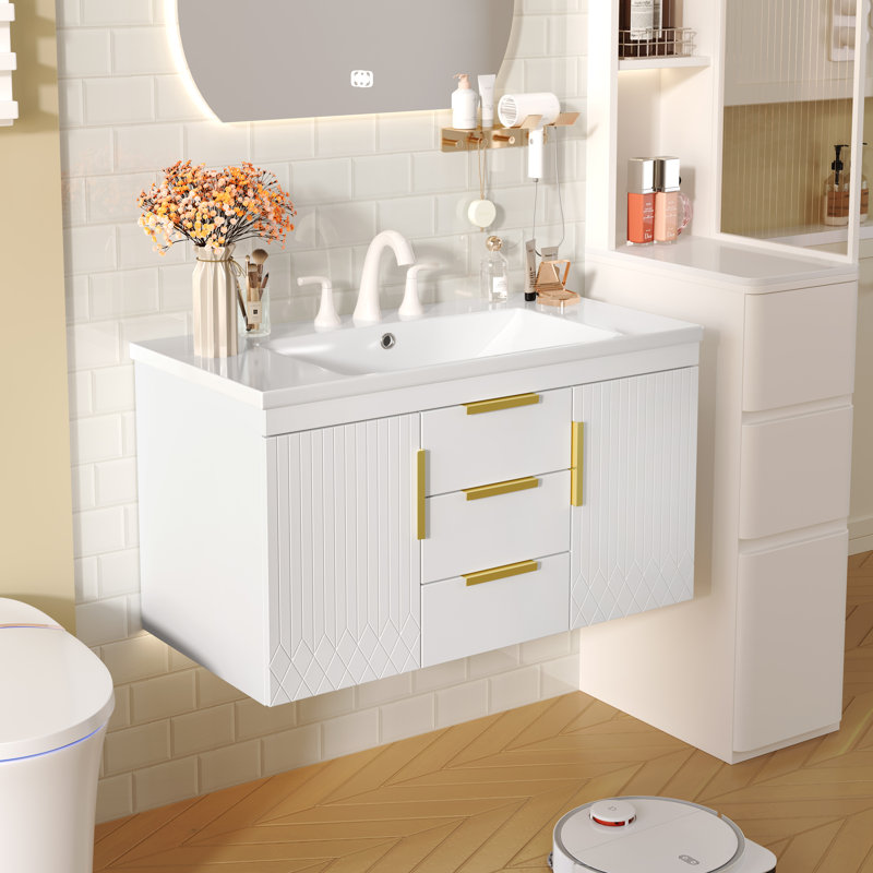  Meuble-lavabo flottant mural 36 po avec 2 tiroirs, 36 po, blanc