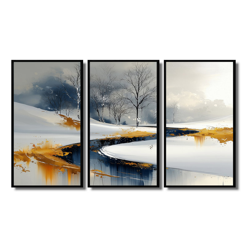 «Gold Frosted Morning I», ensemble d'art mural de Noël, Toile avec cadre flottant noir, H 32 po x l 48 po x P 1 po