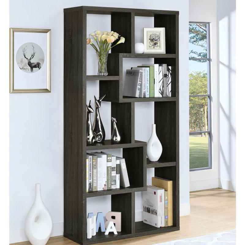Bibliothèque géométrique grise patinée à 10 tablettes, compartiments modulaires, surface à gratter, pour la maison de présentation en gris, sept ouvert, panneau de particules et placage