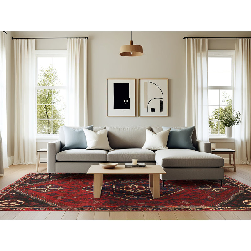Tapis oriental en laine / polyester tissé à la machine beige / noir / rouge, Rectangle 6 pi x 9 pi