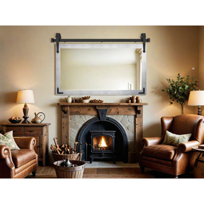 Modern Rustic Mirror with Steel Barn Door Track and Decorative Metal Corner Brackets