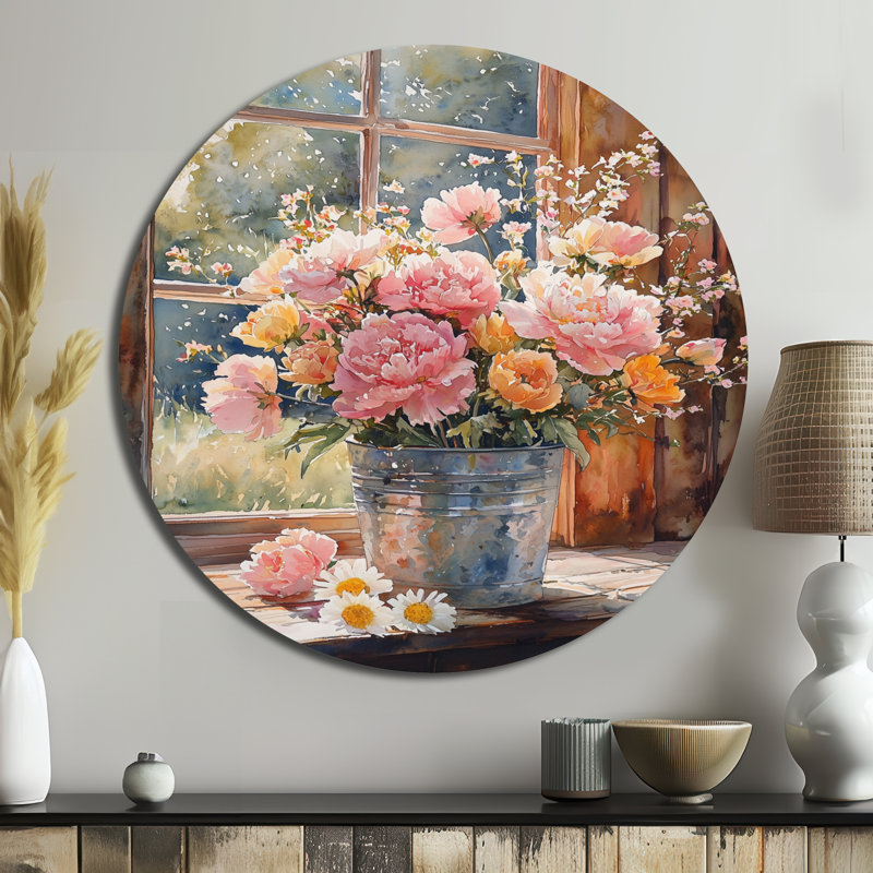 Art mural rond en métal Country Bouquet At The Barn II, H 16 po x l 16 po