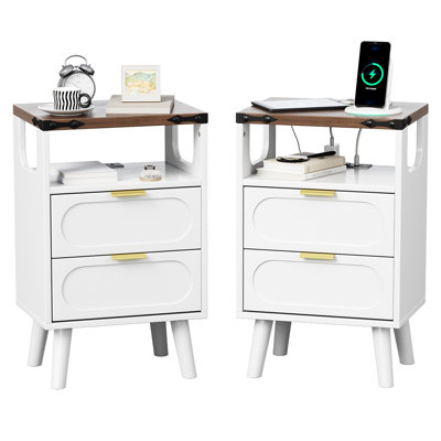 15.7'' W Nightstand With Built-In Outlets & Open Shelve-Beside Table With Rgb Led Lights