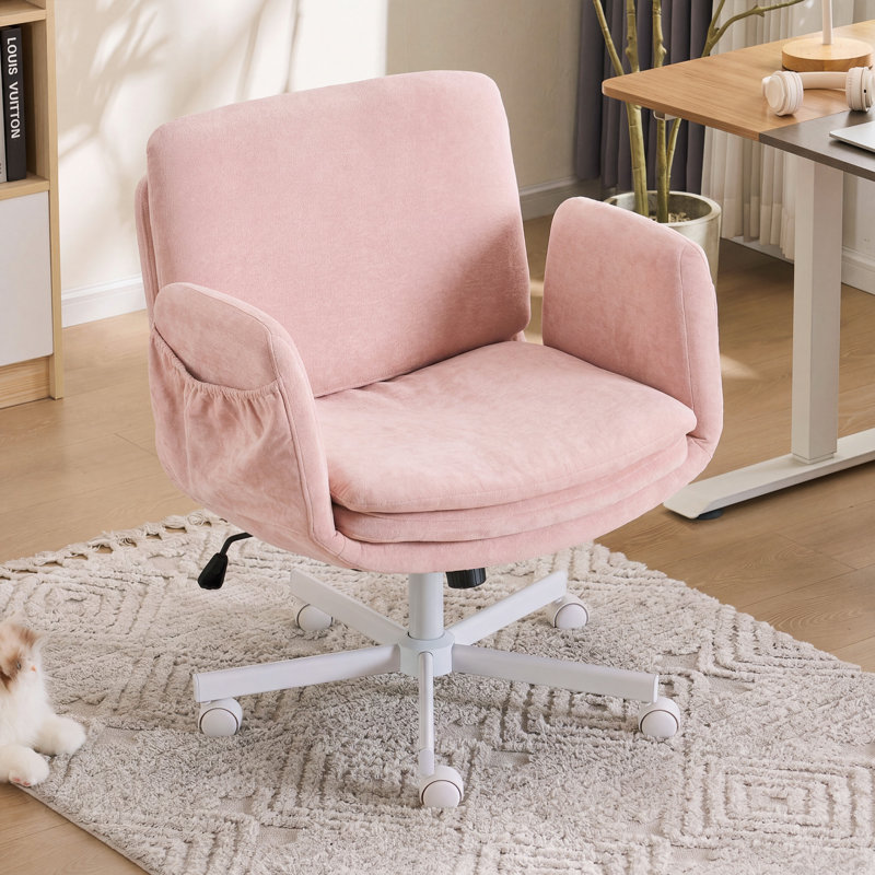 Cross-Legged Home Office Chair with Dynamic Airbag Back Support, Flip-Up Armrests, Pink