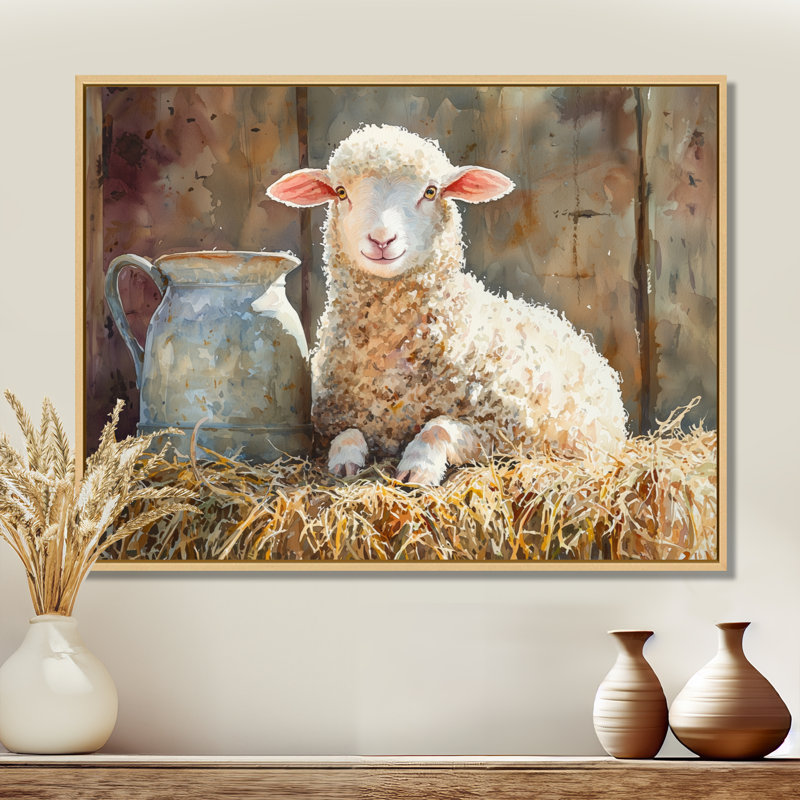 Portrait d'un bébé mouton à la grange - Art mural pour le salon, H 34 po x l 44 po, Impression encadrée flottante
