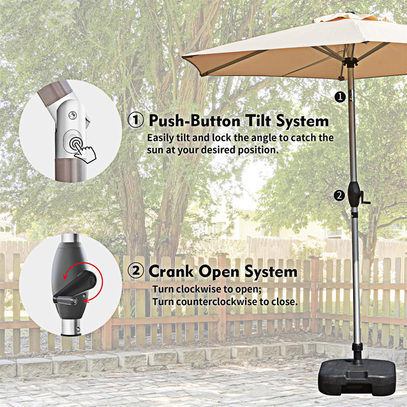 Parasol de table d'extérieur avec bouton poussoir inclinable et manivelle, L 90,02 po x P 90,02 po, Beige