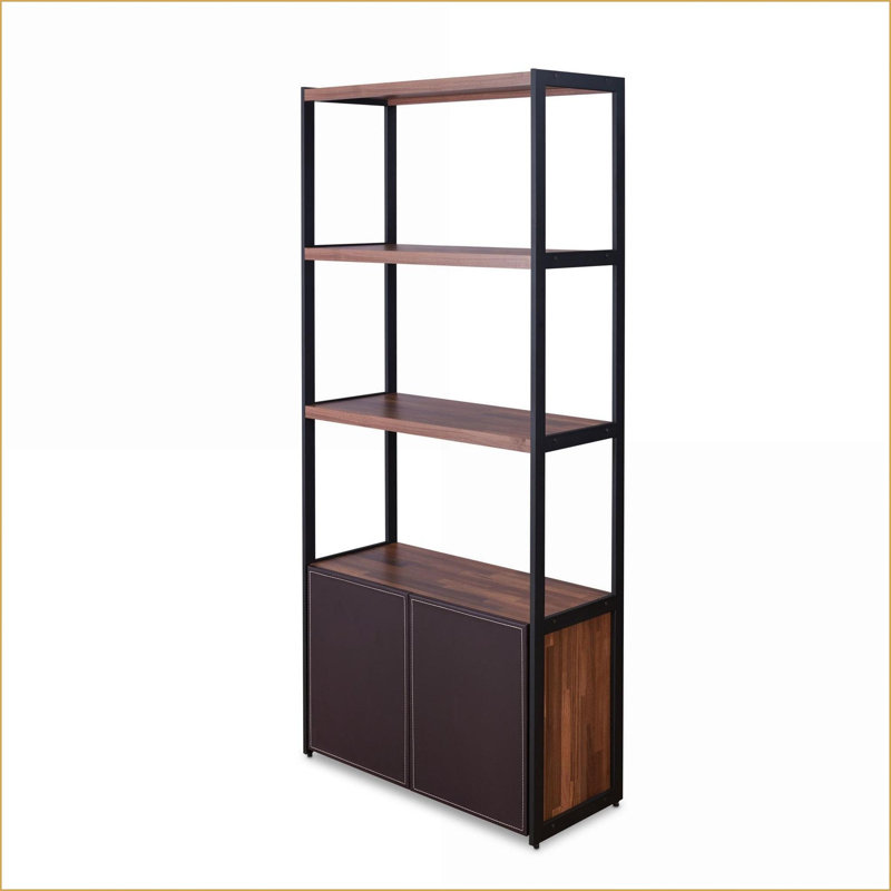 Bibliothèque, bois d'ingénierie rustique brun noyer et noir sable | Rangement fermé | Tablettes ouvertes | Noyer