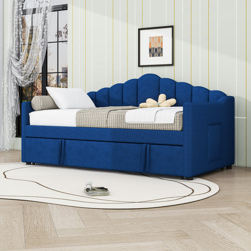 Twin Size Velvet Daybed with Twin Trundle, Charging Station