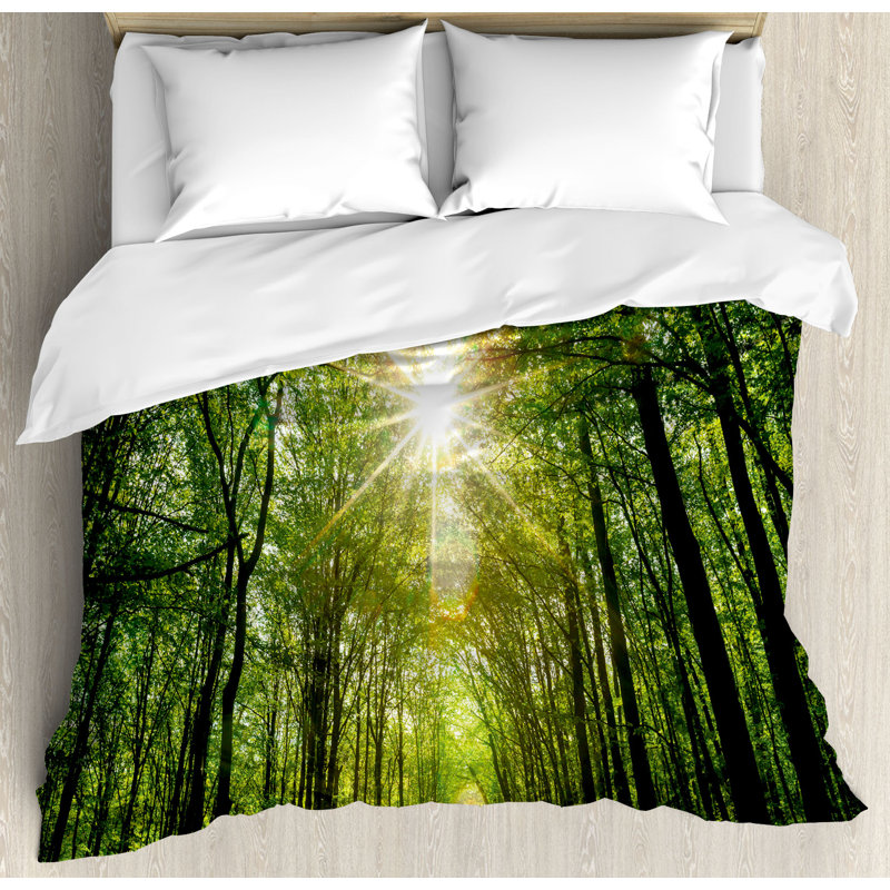 Green Forest Landscape Queen Duvet Cover Set with Shams