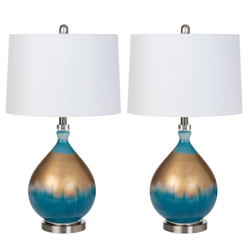 Luxurious Captivating Gold and Blue Glass Coastal Table Lamp Set, 27-Inch Height with 3-Way Switch, Elegant Linen Shade, Pack of 2 Standard Bulb Lamps for Ambient and Customizable Lighting