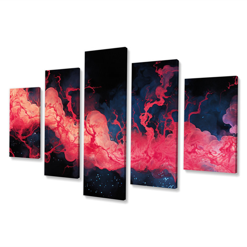Encre liquide, immersion rouge sur art abstrait encre liquide, salon, 5 panneaux