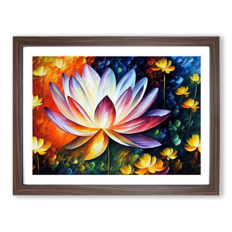 XH1022-6662X Painted Lotus Flower Vol.4 1 Piece Single Picture Frame Painting, 25cm H x 34cm W x 2cm D, Walnut Framed