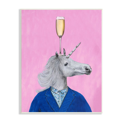" Unicorn Wearing Suit Pink Background Champagne Glass " by Coco De Paris