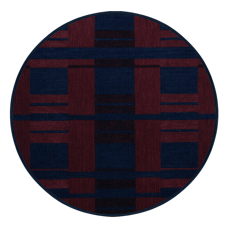 Machine Washable Checkered Blue Area Rug, Round 3'