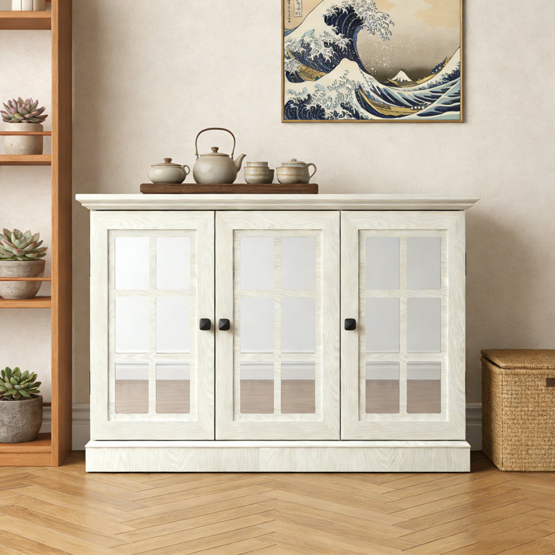 45" W Storage Lilliam with 3 mirrored acrylic doors, White Oak