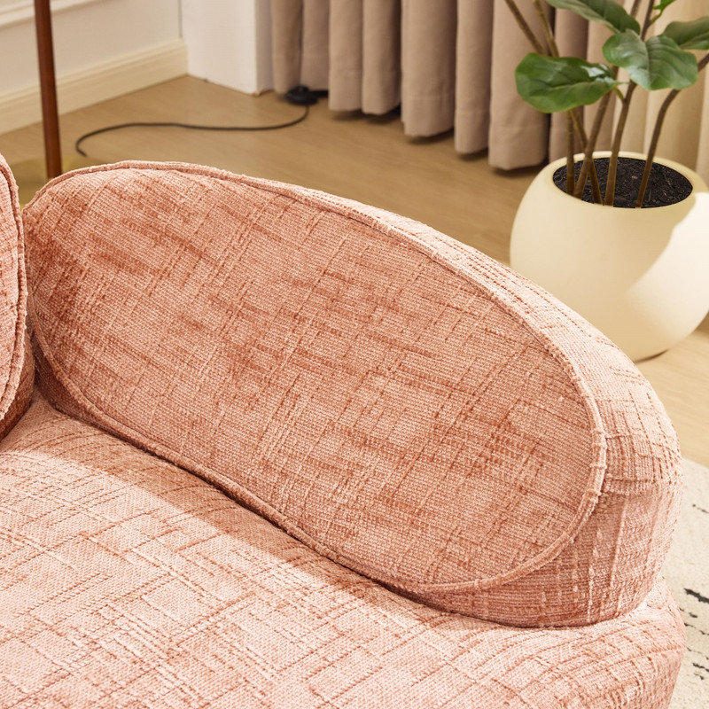 Canapé comprimé rose incurvé 2 places, causeuse compacte avec accoudoirs et 2 coussins décoratifs pour petit appartement, salon ou chambre