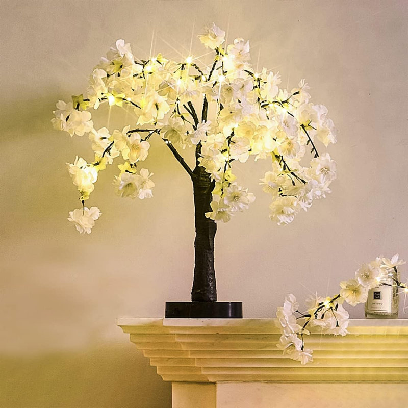 Arbre à fleurs de cerisier blanc 18 po avec 40 lumières DEL, alimenté par pile et par USB pour le mariage et la décoration intérieure