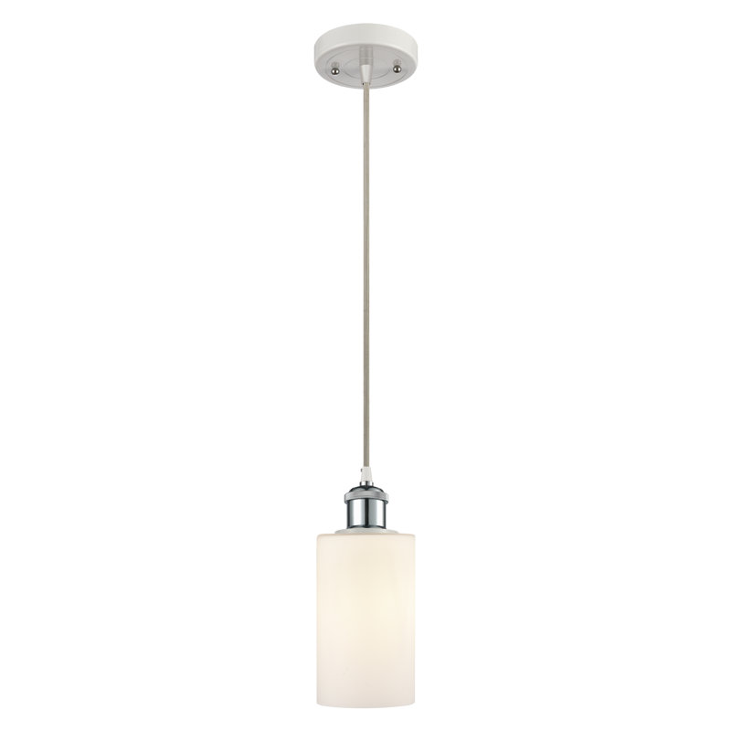 Luminaire suspendu cylindrique simple à 1 lumière Glessite, Transparent, DEL, Blanc et chrome poli