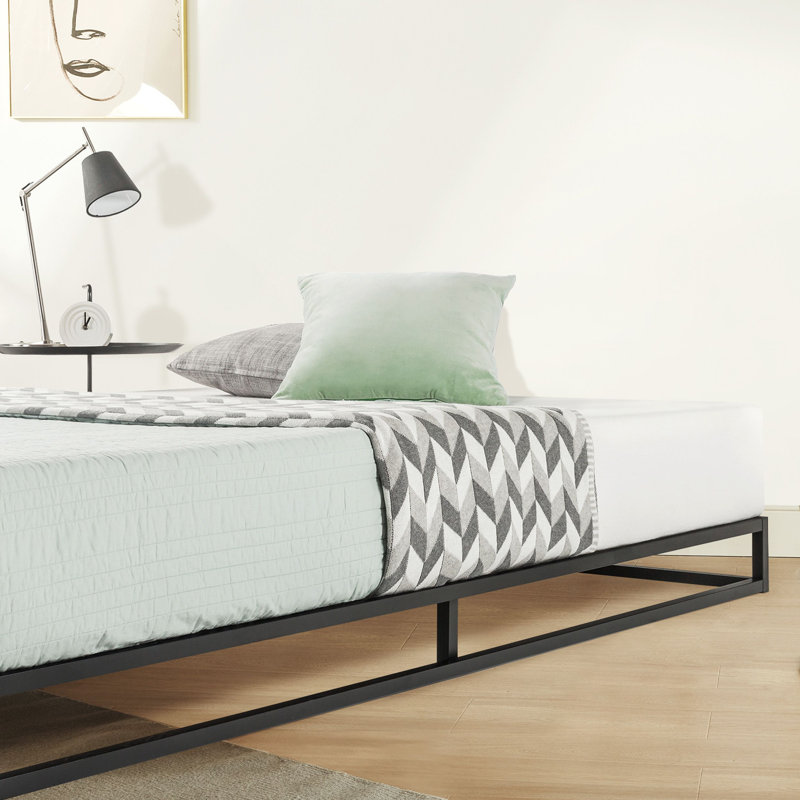 Modern Black Metal Queen Platform Bed Frame with Wooden Slats