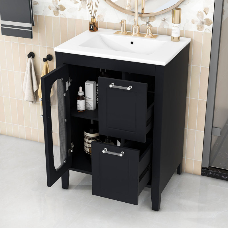 Meuble-lavabo 24 po avec lavabo, deux tiroirs et tablette réglable, Noir, noir, noir, noir
