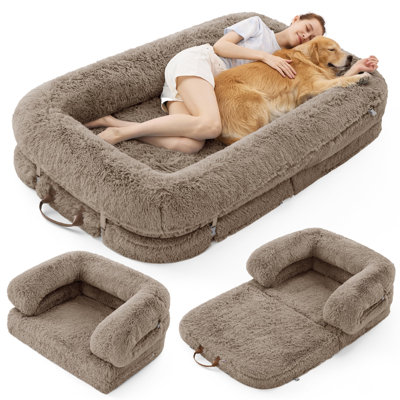 Lesure Foldable Human Dog Bed - 3 in 1 Flexible Giant Human Dog Bed for Adult People with Supportive Bolster Egg Foam, Waterproof Liner, Calming Fluff