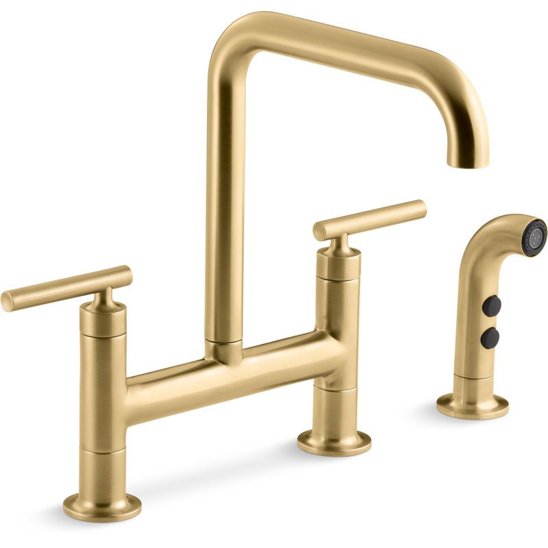 Kohler Purist® Two Handle Deck-Mounted Bridge Kitchen Sink Faucet with Pull Out Side Sprayer, Vibrant Brushed Moderne Brass