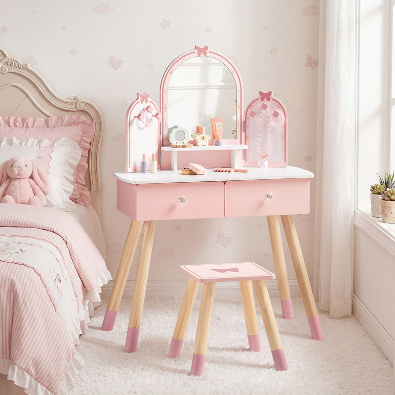 Kids Butterfly 2-pc Makeup Vanity Table & Stool, Pink