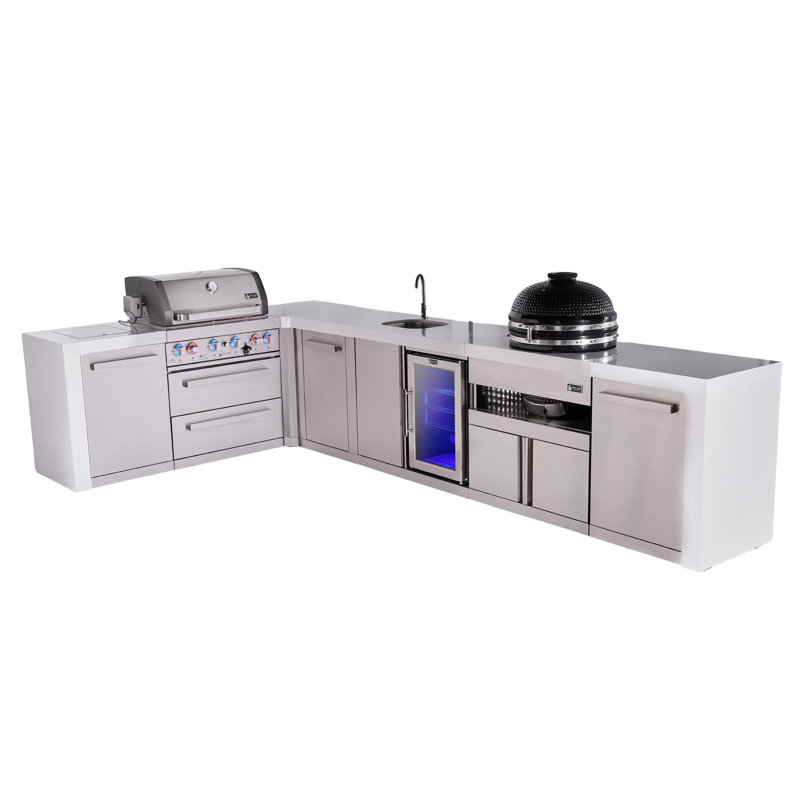 Mont Alpi Premium 4-burner 82"x146" L-shaped 400 Deluxe Stainless Steel Modular Outdoor Kitchen Island Bbq Gas Grill + Beverage Center Refrigerator Faucet & Sink + Kamado + Storage Drawers & Cabinets