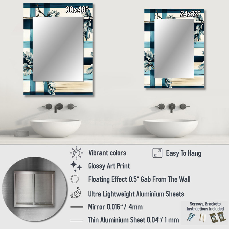 Bansemer Nautical Vintage Floral Stripes - Plaid  Large Wall Mirror, Plaid Unique Mirror, Printed Metal Art, 32" x 24"