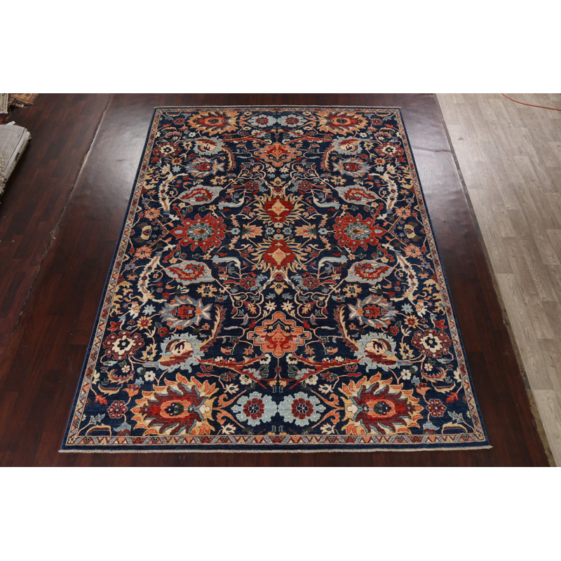 Tapis bleu marine en laine noué à la main de conception unique 9 pi 0 po x 12 pi 2 po