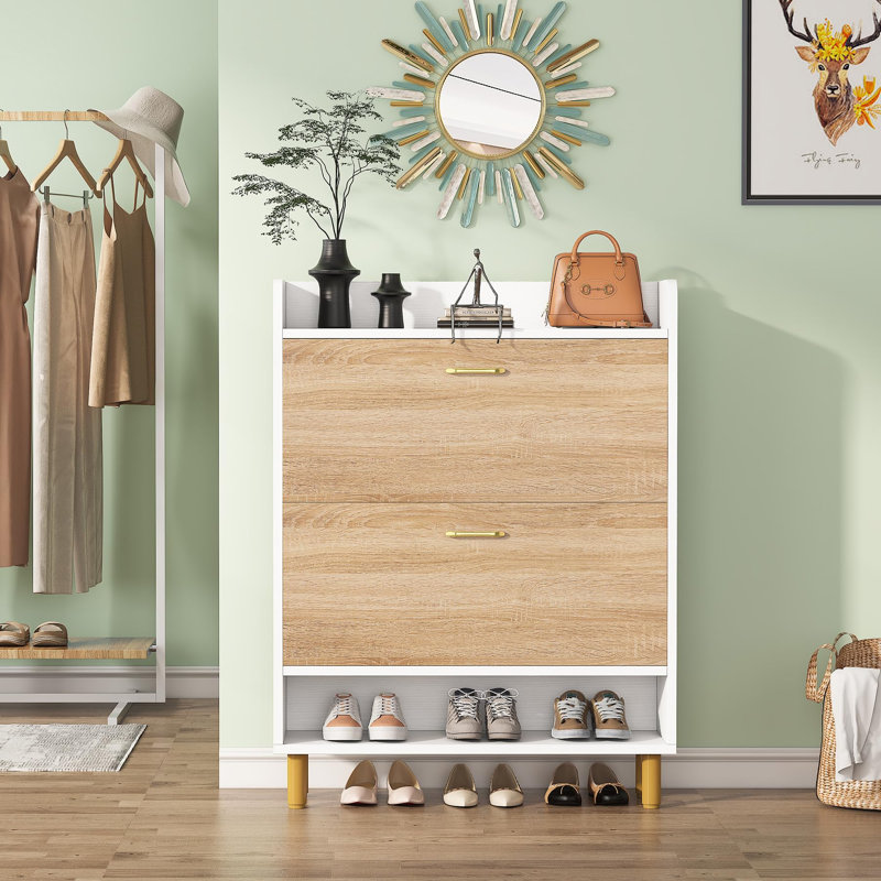 22 Pair Solid Wood Shoe Storage Cabinet, White/Brown