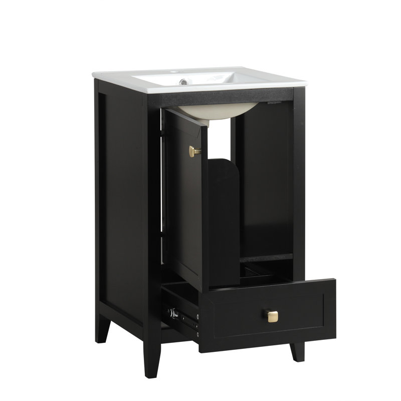 Meuble-lavabo simple autoportant noir mat 20 po avec lavabo et rangement en céramique