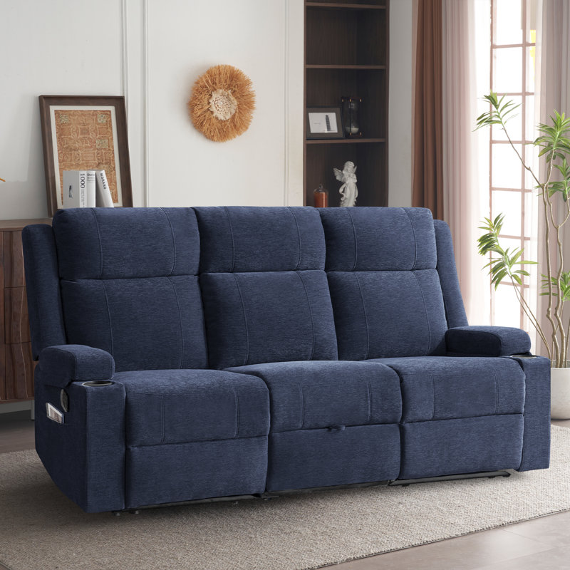 3-seater Reclining Sofa With Cup Holders & Storage Drawer – Soft Chenille Fabric, Blue