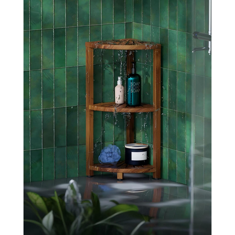 Étagère de douche d'angle en bois à 3 niveaux avec pattes antidérapantes