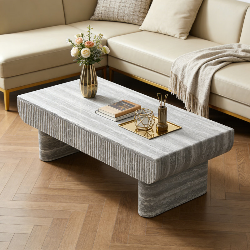 Table basse avec plateau en bois gris, table basse moderne Mid-Century avec tiroir cannelé, table basse de salon, bureau
