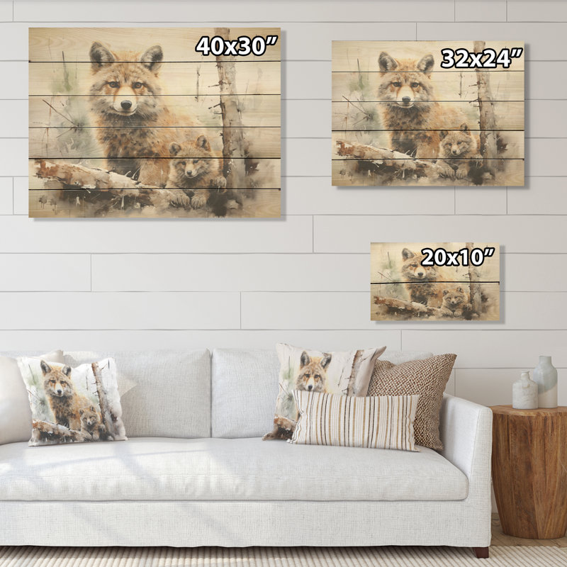 «Wolf Family Wilderness Nessities - Minimalisme», art mural sur bois de pin naturel, H 24 po x l 32 po