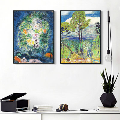 Reproduction d'art numérique sur toile encadrée, 2 pièces par Marc Chagall, série d'art mural n ° 28 pour les décorations de bureau à domicile (cadre de couleur bois mince, 18 po x 24 po chaque pièce)