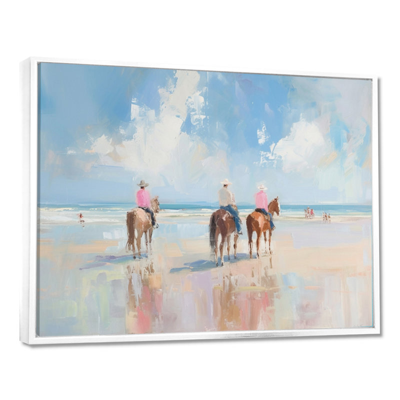 Surfside Beach, Texas Cowboys à cheval - décoration murale de cow-filles, Toile encadrée flottée blanche