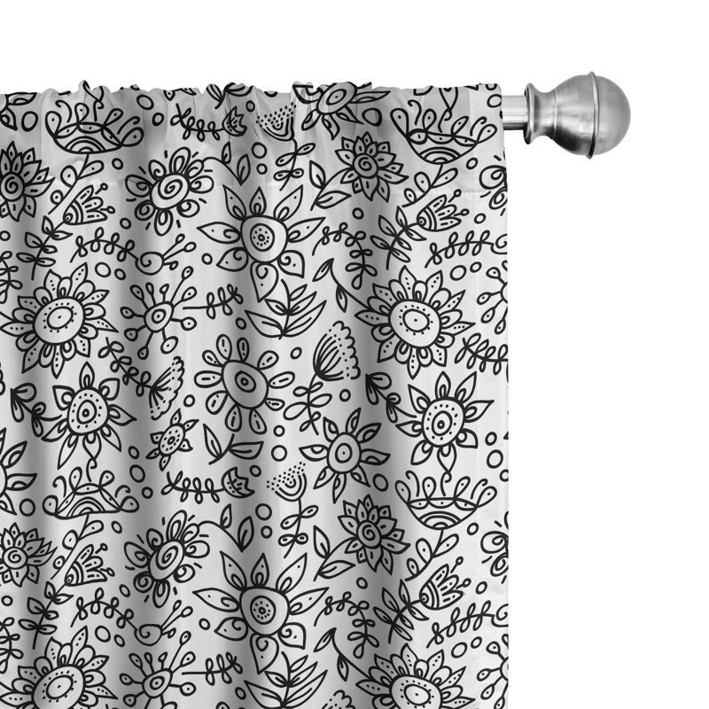 Black and White Floral Sketch Room Darkening Curtain Panels, 28" x 63"