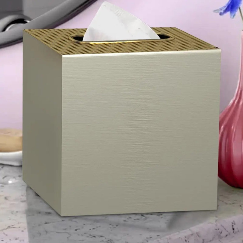 Couvre-boîte à mouchoirs carré en acier inoxydable, corps en étain avec dessus en grille dorée brossée, porte-mouchoirs décoratif pour meuble-lavabo, chambre à coucher et bureau