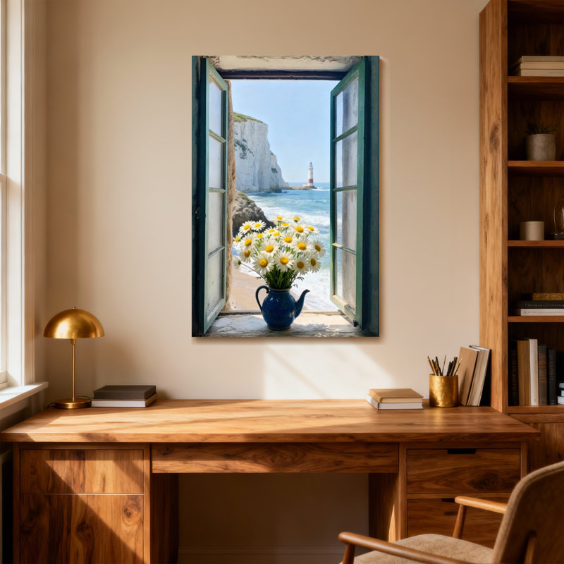 Paysage et nature Fenêtre Paysage marin Phare Fleurs Vase Plage Falaise Ciel, H 48 po x l 32 po